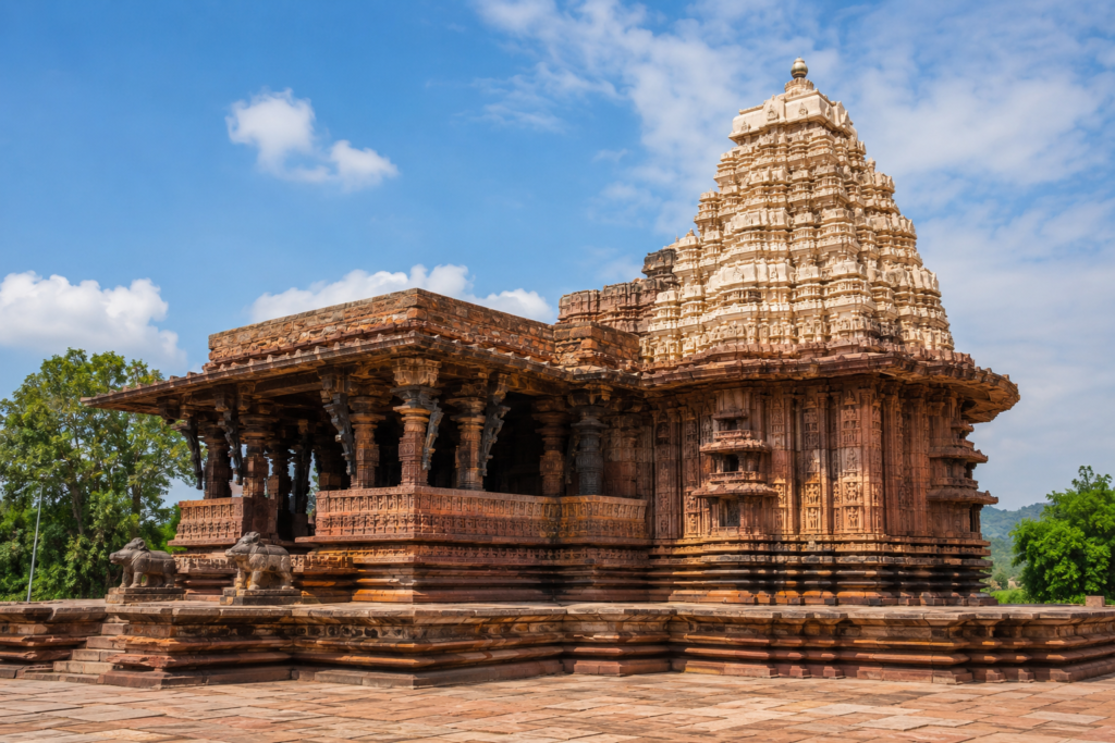 Ancient Ramappa Temple in Palampet, Telangana, showcasing intricate Kakatiya stone carvings, ornate pillars, and the iconic shikhara under a clear blue sky.