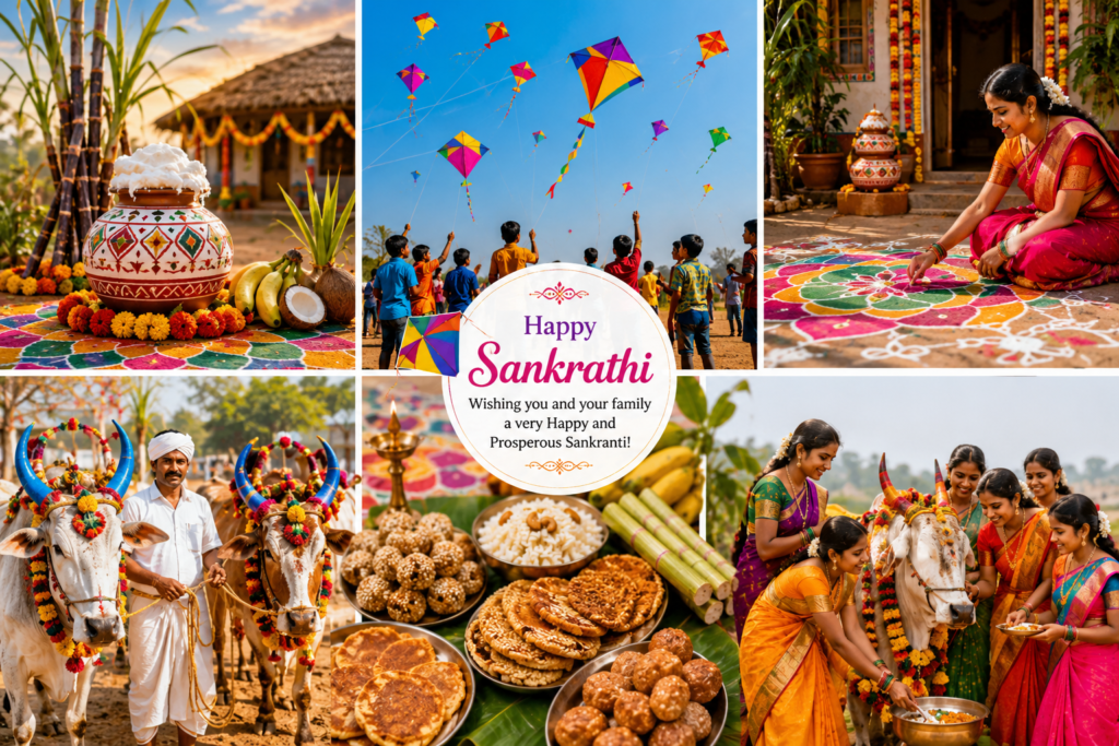 "Sankranti festival collage with kites, rangoli, decorated cattle, Pongal pot, and traditional Telugu celebrations."