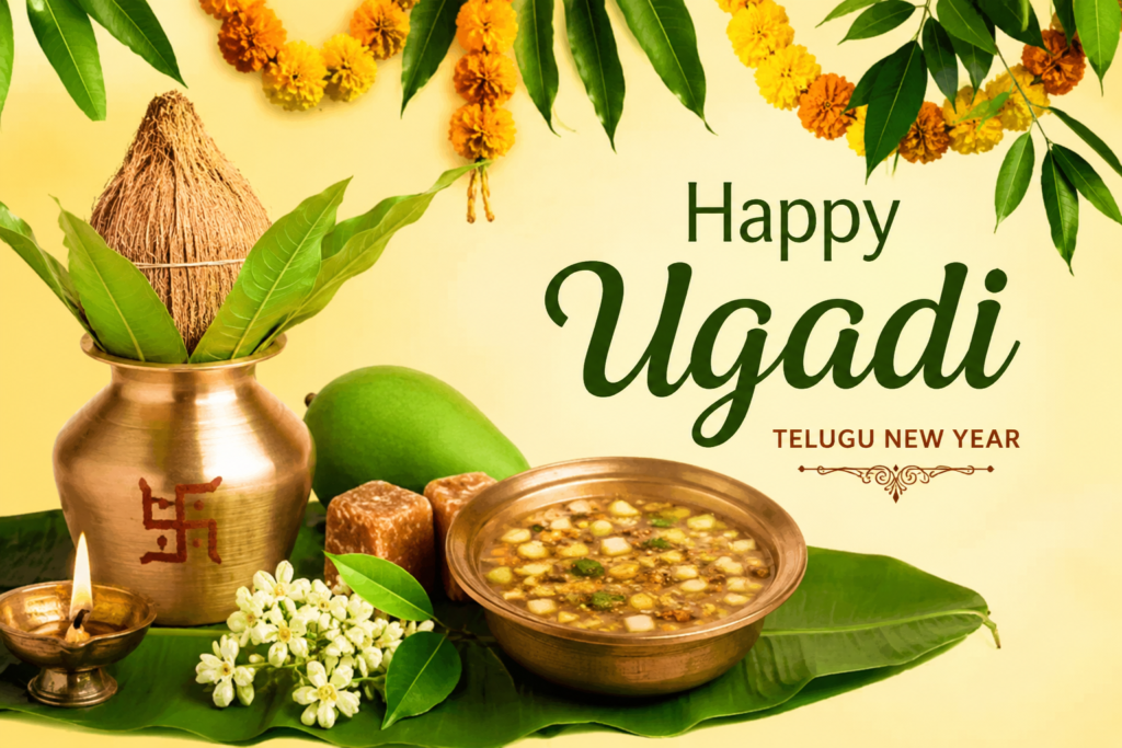 "Ugadi festival in Telangana featuring a decorated Kalash, mango leaf toran, Ugadi Pachadi, neem flowers, raw mango, colorful rangoli, and traditional Telugu New Year decorations." You're on the free plan