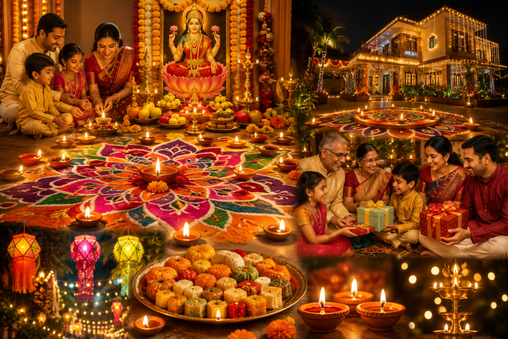 Beautiful Diwali celebration with glowing diyas, colorful rangoli, Lakshmi Puja, festive decorations, and illuminated homes.