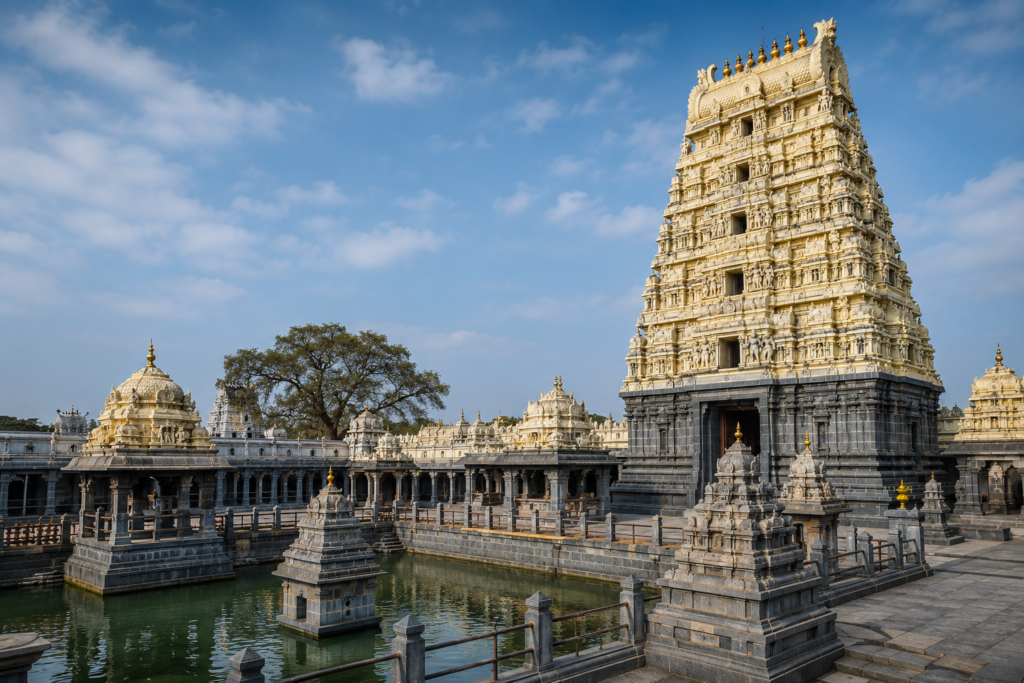 A realistic view of the Vemulawada Raja Rajeshwara Swamy Temple in Telangana, featuring the majestic Dravidian-style gopuram, intricately carved stone structures, and the sacred Dharma Gundam temple tank under a clear blue sky.