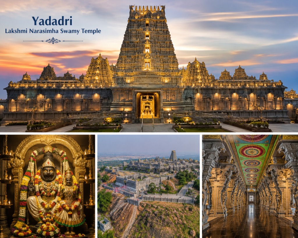 Collage of Yadadri Lakshmi Narasimha Swamy Temple featuring the illuminated temple, Lord Lakshmi Narasimha idol, aerial view of the temple complex, and intricately carved stone pillars in Telangana.