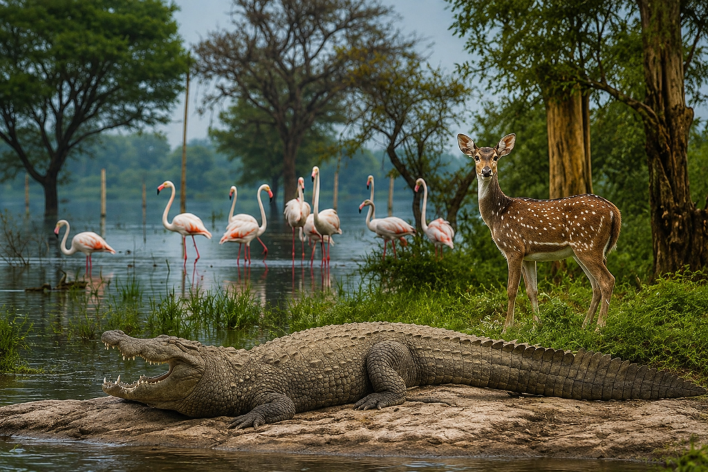 "Scenic view of Manjira Wildlife Sanctuary with migratory birds and wetlands in Telangana"
