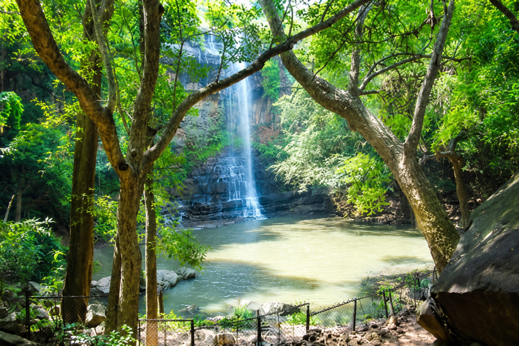 Mallela Theertham Waterfalls cascading into a serene pool surrounded by dense green forests and rocky cliffs in the Nallamala Hills of Telangana.