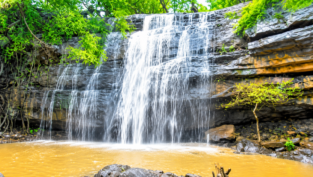 Bheemuni Paadam Waterfalls in Mahabubabad, Telangana surrounded by lush green forest
