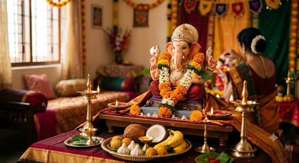 Lord Ganesha idol decorated for Vinayaka Chavithi celebrations in Telangana