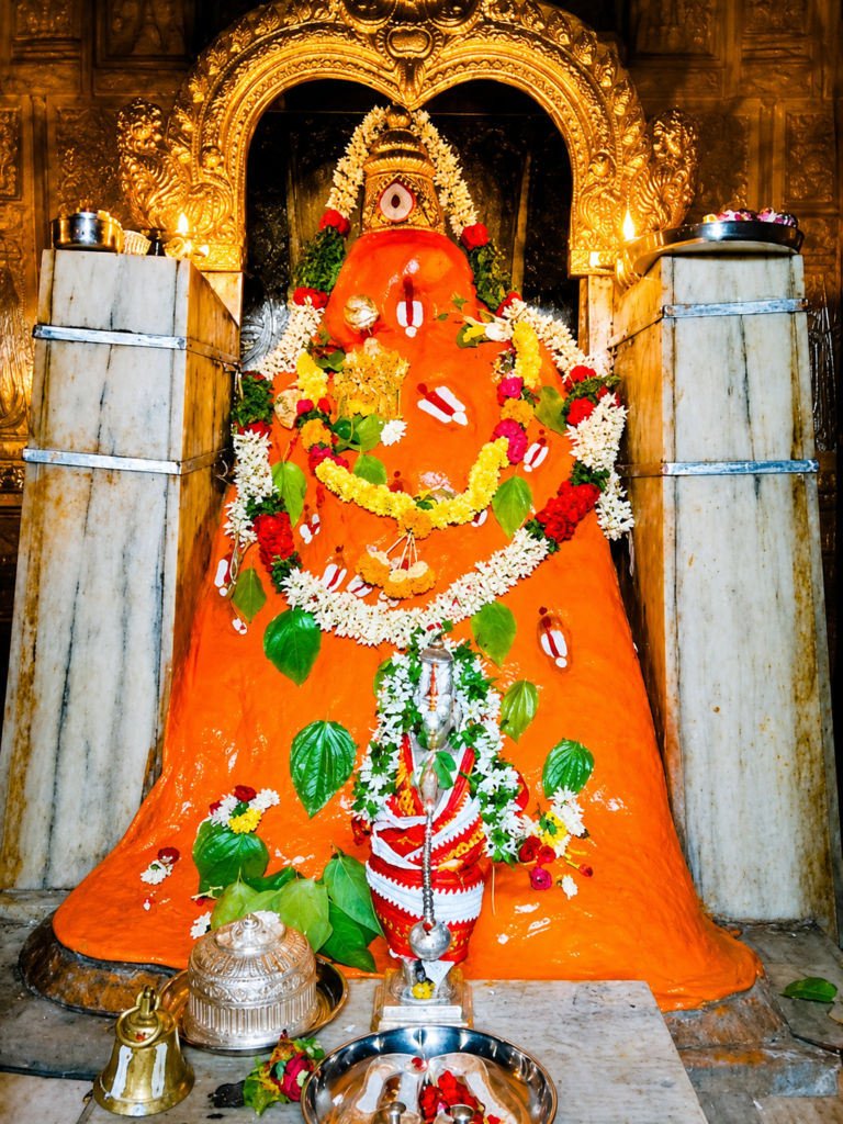 Kondagattu Anjaneya Swamy Temple in Telangana with a magnificent golden gopuram, red temple walls, and devotees visiting the shrine.