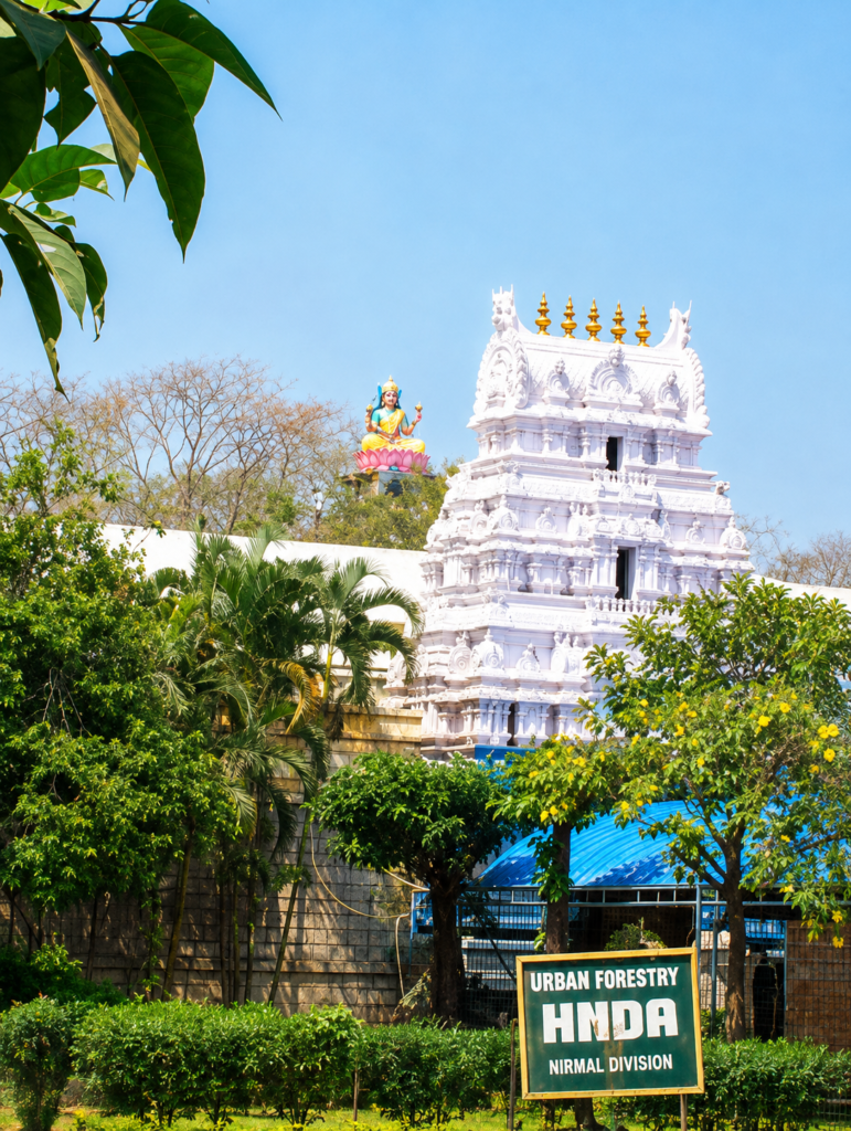 Scenic view of Basara Gnana Saraswati Temple surrounded by lush greenery in Nirmal district, Telangana.