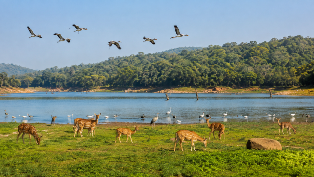 Spotted deer grazing near Pocharam Reservoir with migratory birds flying above the lush forests of Pocharam Wildlife Sanctuary in Telangana.