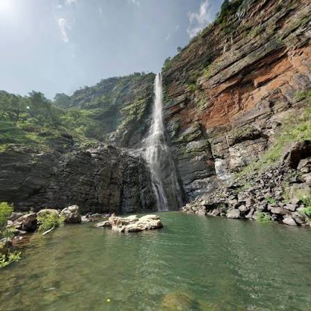 Mutyala Dhara Waterfalls in Mulugu, Telangana surrounded by dense forest