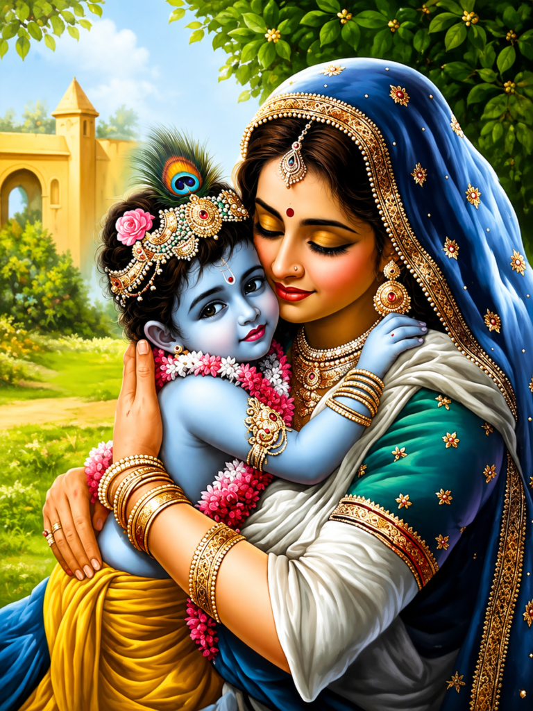 Mother Yashoda lovingly embracing baby Lord Krishna in a beautiful devotional painting